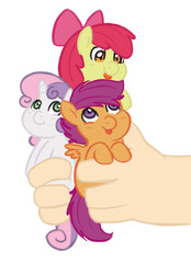 Size: 664x952 | Tagged: safe, artist:elslowmo, artist:redintravenous, apple bloom, scootaloo, sweetie belle, earth pony, human, pegasus, pony, unicorn, g4, chibi, cute, cutie mark crusaders, female, filly, hand, holding a pony, simple background, tiny ponies, white background