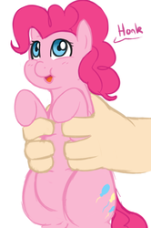 Size: 664x1000 | Tagged: safe, artist:elslowmo, artist:redintravenous, pinkie pie, human, pony, g4, chubby, cute, hand, holding a pony, honk