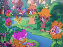 Size: 640x480 | Tagged: safe, screencap, tiddly wink, tra-la-la, zipzee, breezie, g3, the princess promenade, background pony, breezie blossom, flower, house, houses, mushroom, unnamed breezie, unnamed character