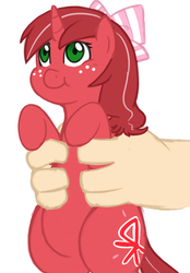 Size: 664x952 | Tagged: safe, artist:elslowmo, artist:redintravenous, oc, oc only, oc:red ribbon, human, pony, chubby, cute, hand, holding a pony