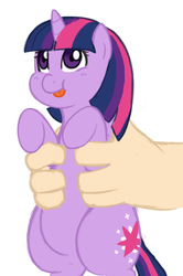 Size: 664x1000 | Tagged: safe, artist:elslowmo, artist:redintravenous, twilight sparkle, human, pony, g4, chubby, cute, hand, holding a pony