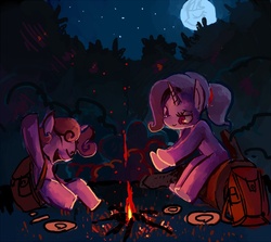 Size: 740x661 | Tagged: safe, artist:derekireba, rarity, sweetie belle, pony, unicorn, g4, backpack, campfire, camping, duo, female, filly, full moon, mare, moon, night, outdoors, pixiv, siblings, sisters, sitting