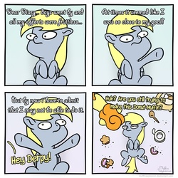 Size: 2000x2000 | Tagged: safe, artist:muffinexplosion, carrot top, derpy hooves, golden harvest, earth pony, pegasus, pony, g4, comic, donut, female, mare, muffin, tape
