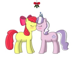 Size: 900x695 | Tagged: safe, artist:pvryohei, apple bloom, diamond tiara, earth pony, pony, g4, blushing, butt, duo, female, filly, foal, holly, holly mistaken for mistletoe, kiss on the lips, kissing, lesbian, plot, ship:diamondbloom, shipping, simple background, white background