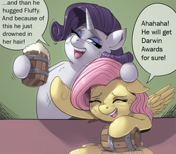 Size: 680x596 | Tagged: safe, alternate version, artist:kevinsano, fluttershy, rarity, pony, g4, cider, drunk, drunk rarity, drunkershy, duo, implied fluffle puff, laughing flarity, laughingmares.jpg