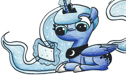 Size: 712x428 | Tagged: safe, artist:theepicblogofponies, princess luna, pony, g4, female, prone, simple background, solo, traditional art