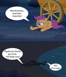 Size: 500x581 | Tagged: safe, scootaloo, g4, sleepless in ponyville, image macro, it's a trap, tree branch