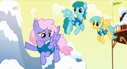 Size: 1920x1053 | Tagged: safe, screencap, rainbowshine, spring melody, sprinkle medley, sunshower raindrops, pegasus, pony, g4, season 1, winter wrap up, background pony, ei, female, flying, hub logo, mare, mountain, snow, trio, weather team, winter wrap up vest, yellow sky