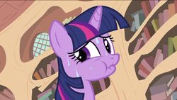 Size: 994x560 | Tagged: safe, screencap, twilight sparkle, pony, unicorn, g4, it's about time, golden oaks library, scrunchy face, solo, sweat, unicorn twilight