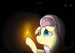 Size: 1405x1008 | Tagged: dead source, safe, artist:fedte, fluttershy, pony, g4, bust, eyes in the dark, female, floppy ears, hoof hold, mare, match, nervous, raised hoof, scared, solo, three quarter view