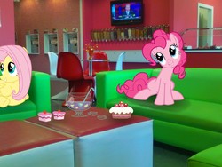 Size: 2048x1536 | Tagged: safe, artist:tokkazutara1164, fluttershy, pinkie pie, g4, chair, ponies in real life, sitting, sweets, television, vector