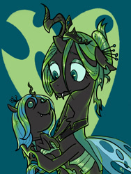 Size: 750x1000 | Tagged: dead source, safe, artist:hjung92, artist:sitting-on-tear, queen chrysalis, nymph, g4, cute, cutealis, heart, love, mommy chrissy, mother, mother and daughter