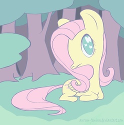 Size: 542x546 | Tagged: safe, artist:aurum-femina, fluttershy, pegasus, pony, g4, big head, female, folded wings, forest, looking at you, lying down, mare, no pupils, outdoors, prone, solo, turned head, wings
