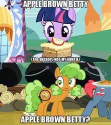 Size: 480x540 | Tagged: safe, edit, edited screencap, screencap, apple brown betty, apple split, twilight sparkle, apple family reunion, g4, the ticket master, apple brown betty (food), apple family member, caption, comic, cutie mark, food, implied cannibalism, screencap comic