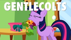 Size: 720x406 | Tagged: safe, edit, edited screencap, screencap, twilight sparkle, pony, g4, green isn't your color, apple, carrot, cherry, eyes closed, female, food, gentlecolts, gentlemen, grapes, image macro, meme, orange, pie, solo