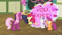 Size: 640x360 | Tagged: safe, artist:capnpea, edit, edited screencap, screencap, apple bloom, cheerilee, scootaloo, sweetie belle, earth pony, pegasus, pony, unicorn, g4, hearts and hooves day (episode), aside glance, balloon, bow, card, cutie mark crusaders, female, filly, fimbriae, frown, hearts and hooves day, looking up, mare, ponyville schoolhouse, ribbon, smiling, spread wings, wat, wide eyes, wings
