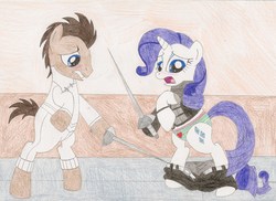 Size: 1841x1338 | Tagged: safe, artist:wjmmovieman, doctor whooves, rarity, time turner, earth pony, pony, unicorn, g4, assisted exposure, bipedal, clothes, dexterous hooves, embarrassed, female, fencing, frilly underwear, male, mare, panties, stallion, striped underwear, traditional art, underwear, undressing, wardrobe malfunction