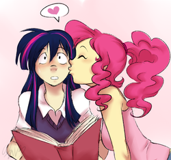 Size: 561x525 | Tagged: dead source, safe, artist:cartoonlion, pinkie pie, twilight sparkle, human, g4, cheek kiss, commission, duo, female, humanized, kissing, lesbian, ship:twinkie, shipping, surprise kiss, surprised