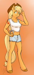 Size: 424x916 | Tagged: dead source, safe, artist:cartoonlion, applejack, earth pony, anthro, unguligrade anthro, g4, commission, hooves, unshorn fetlocks