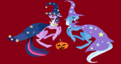 Size: 1331x709 | Tagged: safe, artist:chirpuswick, star swirl the bearded, trixie, twilight sparkle, g4, costume