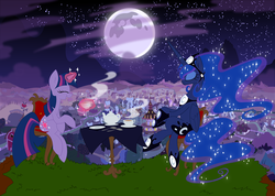 Size: 7685x5471 | Tagged: safe, artist:skutchi, princess luna, twilight sparkle, g4, absurd resolution, happy, moon, night, ponyville, tea, tea party