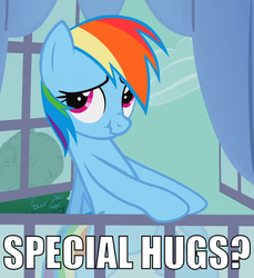 Size: 390x425 | Tagged: safe, rainbow dash, pegasus, pony, g4, my little pony: friendship is magic, spike at your service, bronybait, female, hug, hug request, image macro, scrunchy face