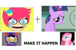 Size: 1057x700 | Tagged: safe, pinkie pie, twilight sparkle, g4, exploitable meme, filly, gamzee makara, homestuck, jane crocker, make it happen, pinkamena diane pie, rapeface, sad, trickster mode, wat