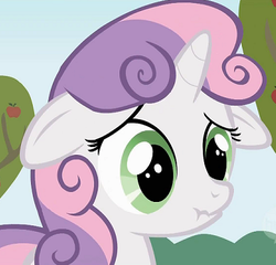 Size: 420x404 | Tagged: safe, screencap, sweetie belle, pony, unicorn, g4, the show stoppers, cropped, female, filly, floppy ears, foal, scrunchy face, solo