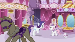 Size: 1250x703 | Tagged: safe, edit, edited screencap, screencap, rarity, sweetie belle, g4, carousel boutique, duo, female, filly, foal, hub logo, mannequin, mare, siblings, sisters, wat