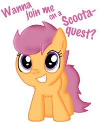 Size: 920x1158 | Tagged: safe, artist:ajmstudios, scootaloo, pegasus, pony, g4, cute, cutealoo, female, filly, foal, scootaquest, simple background, solo, text, transparent background