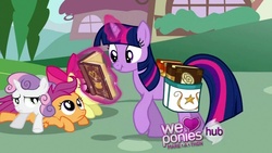 Size: 1051x593 | Tagged: safe, screencap, apple bloom, scootaloo, sweetie belle, twilight sparkle, pony, unicorn, g4, hearts and hooves day (episode), cutie mark crusaders, hearts and hooves day, scrunchy face, unicorn twilight