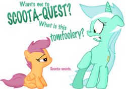 Size: 2646x1872 | Tagged: safe, artist:ajmstudios, lyra heartstrings, scootaloo, g4, funny, scootaquest, text