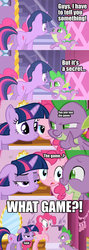 Size: 640x1800 | Tagged: safe, edit, edited screencap, screencap, pinkie pie, spike, twilight sparkle, g4, green isn't your color, comic, pincushion spike, text, the game