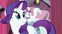 Size: 1211x680 | Tagged: safe, screencap, opalescence, rarity, pony, g4, sweet and elite, duo, scrunchy face