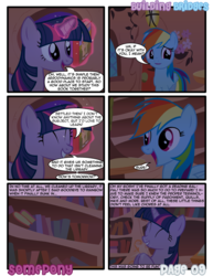 Size: 956x1237 | Tagged: safe, artist:somepony, rainbow dash, twilight sparkle, g4, building bridges, comic, golden oaks library, ship:twidash, shipping