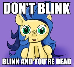 Size: 960x872 | Tagged: safe, artist:wizardski, oc, oc only, oc:milky way, pony, all caps, doctor who, don't blink, female, freckles, image macro, impact font, mare, smiling, solo, stare, weeping angel