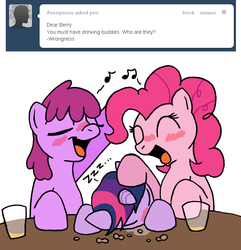 Size: 670x695 | Tagged: safe, artist:skoon, berry punch, berryshine, pinkie pie, twilight sparkle, earth pony, pony, unicorn, ask berry punch, g4, alcohol, ask, blushing, drunk, drunk twilight, tumblr, unicorn twilight