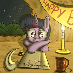 Size: 1000x1000 | Tagged: safe, artist:redesine, twilight sparkle, pony, g4, candle, female, inkwell, mug, quill, solo