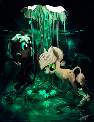 Size: 2333x3000 | Tagged: safe, artist:endber, oc, oc only, donkey, pony, unicorn, cave, flower, glowing, half-breed, water