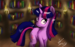 Size: 1280x800 | Tagged: safe, artist:silverjacketcolt, twilight sparkle, pony, unicorn, g4, bookshelf, candle, female, mare, smiling, solo, unicorn twilight