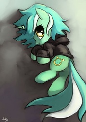 Size: 1200x1697 | Tagged: safe, artist:paradoxbroken, lyra heartstrings, pony, unicorn, fanfic:background pony, g4, clothes, female, hoodie, ponies wearing black, solo