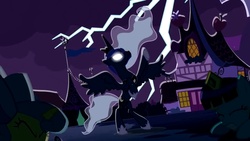 Size: 1136x640 | Tagged: safe, screencap, princess luna, g4, luna eclipsed, my little pony: friendship is magic, season 2, cowering, dramatic lighting, glowing eyes, lightning, nightmare night, rearing