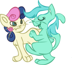 Size: 942x849 | Tagged: dead source, safe, artist:letirary, bon bon, lyra heartstrings, sweetie drops, cat, g4, bipedal, bon bon is not amused, catified, duo, simple background, species swap, transparent background