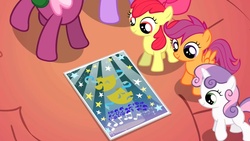 Size: 1136x640 | Tagged: safe, screencap, apple bloom, cheerilee, scootaloo, sweetie belle, twilight sparkle, g4, the show stoppers, cutie mark crusaders, poster, wingdings