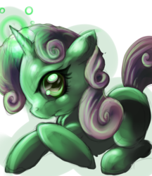 Size: 1731x2004 | Tagged: safe, artist:72-hours-remain, sweetie belle, pony, g4, angry, female, green, magic, scary, simple background, solo