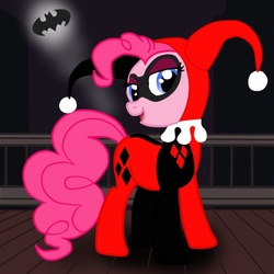 Size: 500x500 | Tagged: safe, artist:bpie, pinkie pie, g4, batman, batman's enemies, bedroom eyes, clothes, cosplay, costume, crossover, cute, dc comics, harley quinn, parody, pinkie quinn, signal, solo