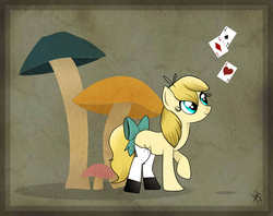 Size: 3741x2962 | Tagged: safe, artist:balloons504, pony, alice, alice in wonderland, bow, mushroom, playing card, ponified, raised hoof, solo, tail, tail bow