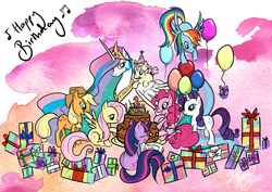 Size: 842x595 | Tagged: safe, artist:bunnybrush, applejack, fluttershy, pinkie pie, princess celestia, rainbow dash, rarity, twilight sparkle, oc, g4, balloon, birthday, cake, foal, mane six, party
