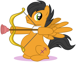 Size: 1121x916 | Tagged: safe, artist:red-pear, edit, sagittarius (g4), pegasus, pony, g4, arrow, bow (weapon), bow and arrow, male, male pregnancy, plunger, ponyscopes, pregnant, pregnant edit, sagittarius, show accurate, simple background, smiling, solo, stallion, suction cup, weapon, white background, zodiac