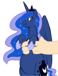 Size: 1076x1406 | Tagged: safe, artist:redintravenous, edit, princess luna, human, pony, g4, belly, big belly, chubby, cute, fat, hand, holding a pony, pet, scrunchy face, solo focus